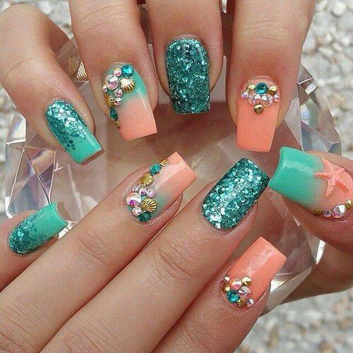 Amazing blue peach glitter Stones nail art