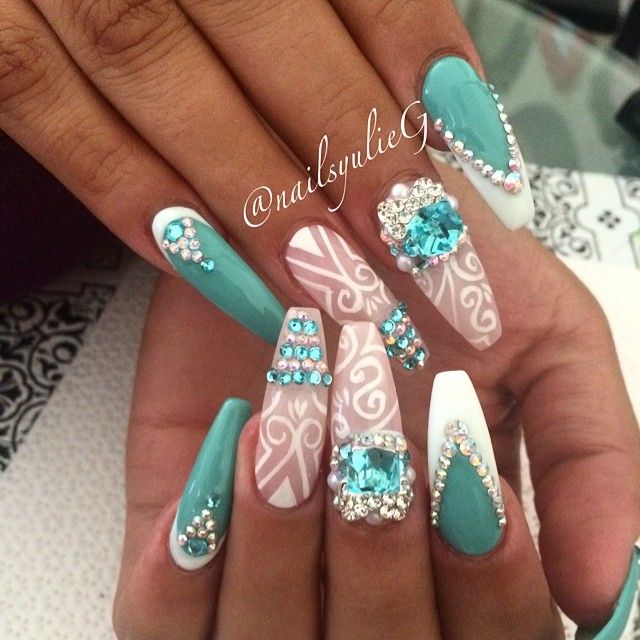 Beautiful blue white design Stones nail art