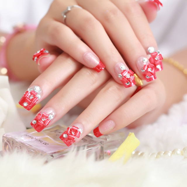 Charming red stone design Wedding nail art