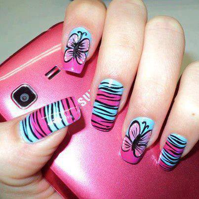 Cute pink black butterfly design Stripe nail art