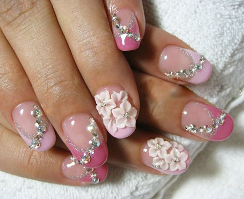 Cute pink white flower design Stones nail art