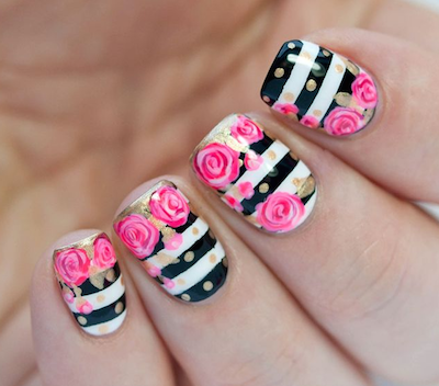 Elegant black pink flower design Stripe nail art