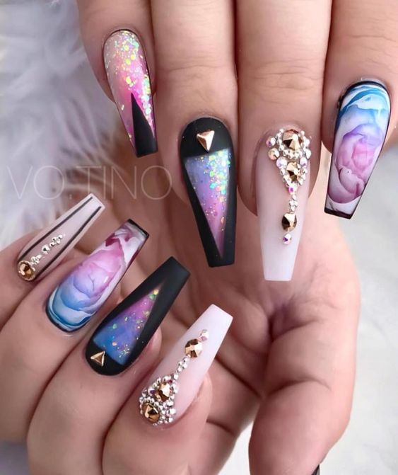 Fabulous Cosmic Themed rose Edgy nail art