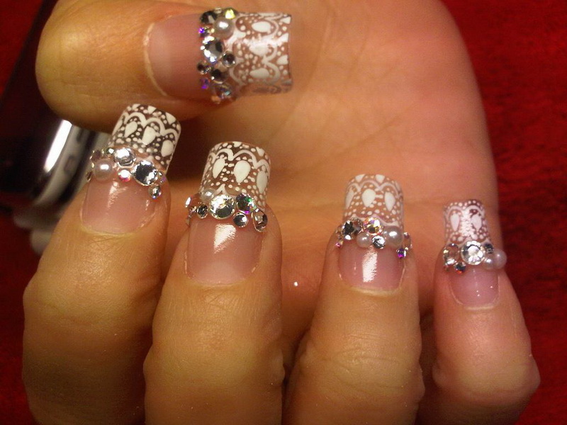 Fancy white gel Stones nail art