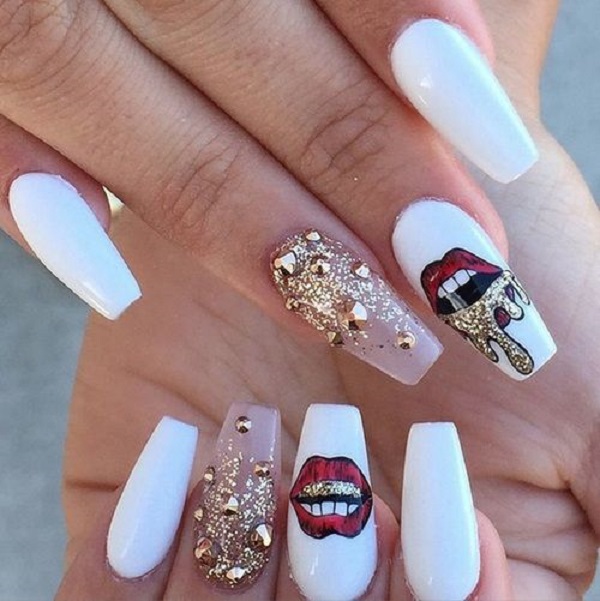 Fantastic white red lips glitter Stones nail art