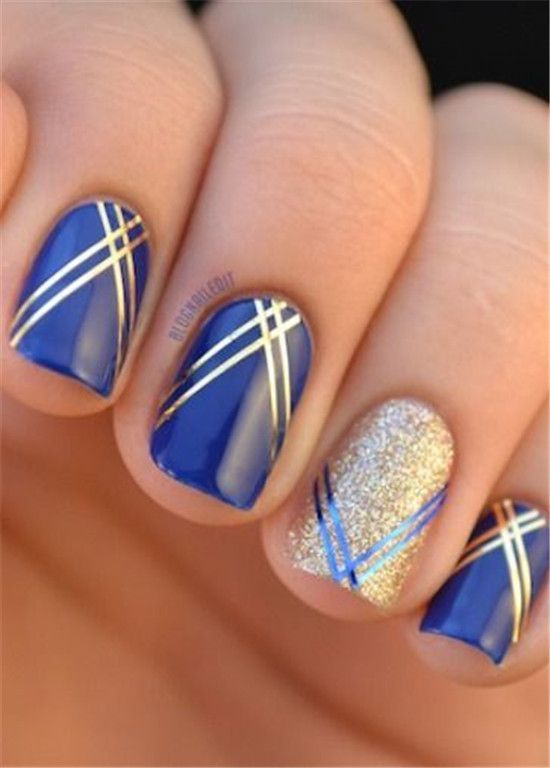 Girlish blue silver glitter Stripe nail art