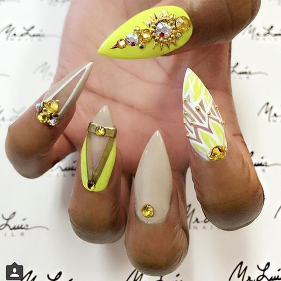 Lovely yellow white sharp Stones nail art