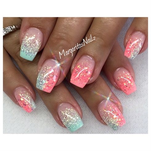 Mind blowing peach and neon glitter Ombre nail art