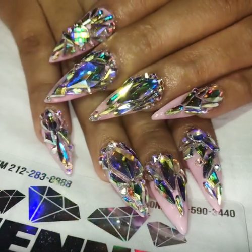 Proper pink sharp Stones nail art