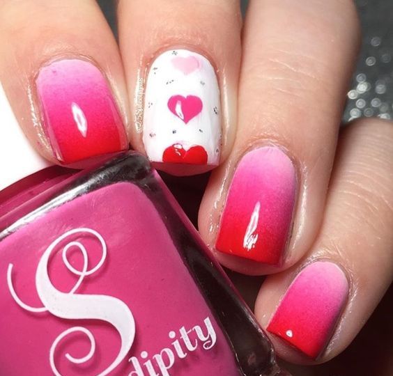 Romantic pink & red heart print Ombre nail art