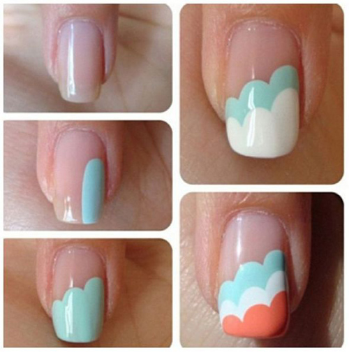 Simple blue white peach design Three color nail art