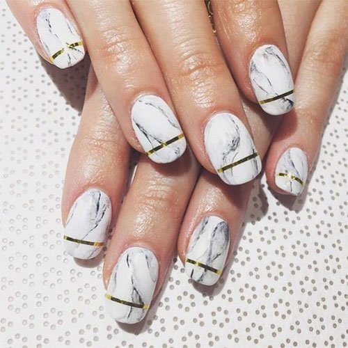 Simple white golden line Marble nail art