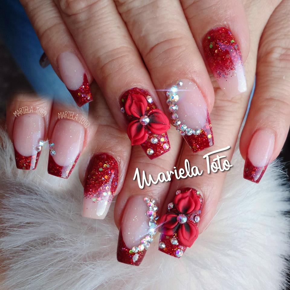 Stunning red glitter Stones nail art