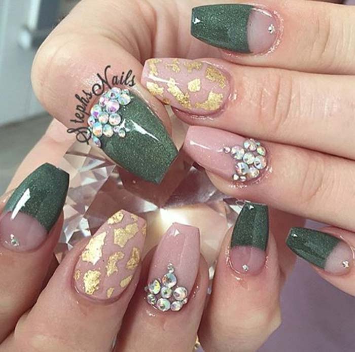 Stylish green golden print Stones nail art