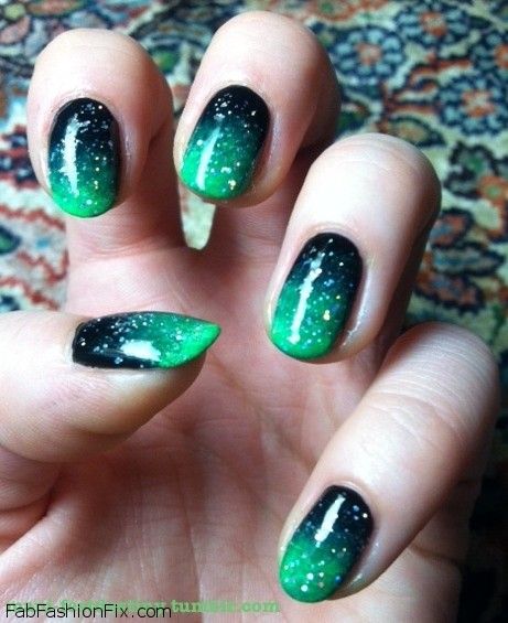 Superb green and black gel Ombre nail art