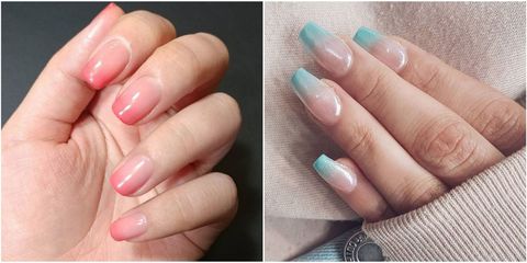 Themed pink and blue gel Ombre nail art