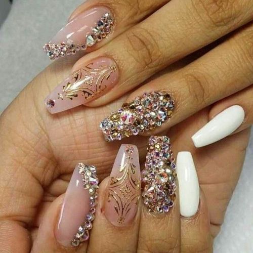 Trending white golden design Stones nail art