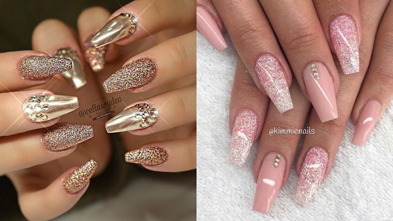 Wedding golden pink glitter designs Stones nail art