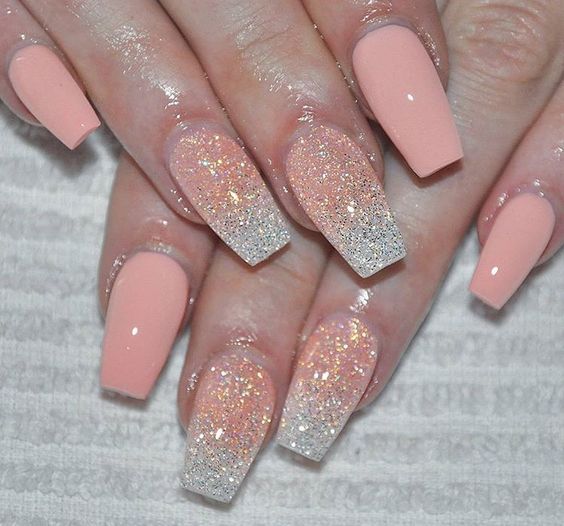 Wedding pretty peach Glitter nail art