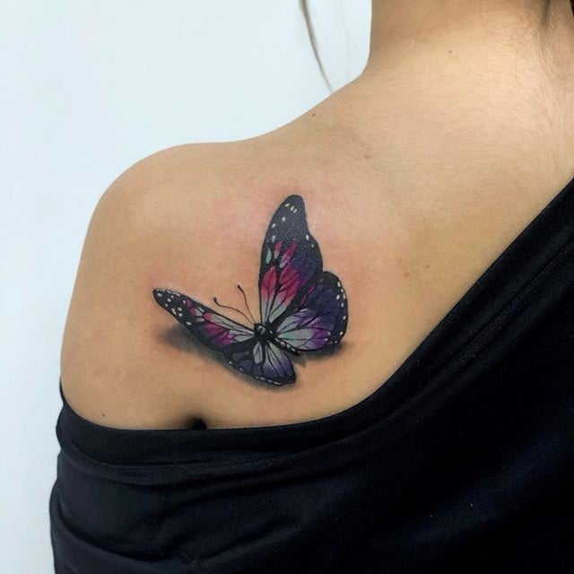 3d Purple Butterfly Tattoo Made On Girl Back Shoulder