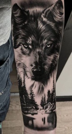 Nice Wolf Tattoo Art With Forest On Arm