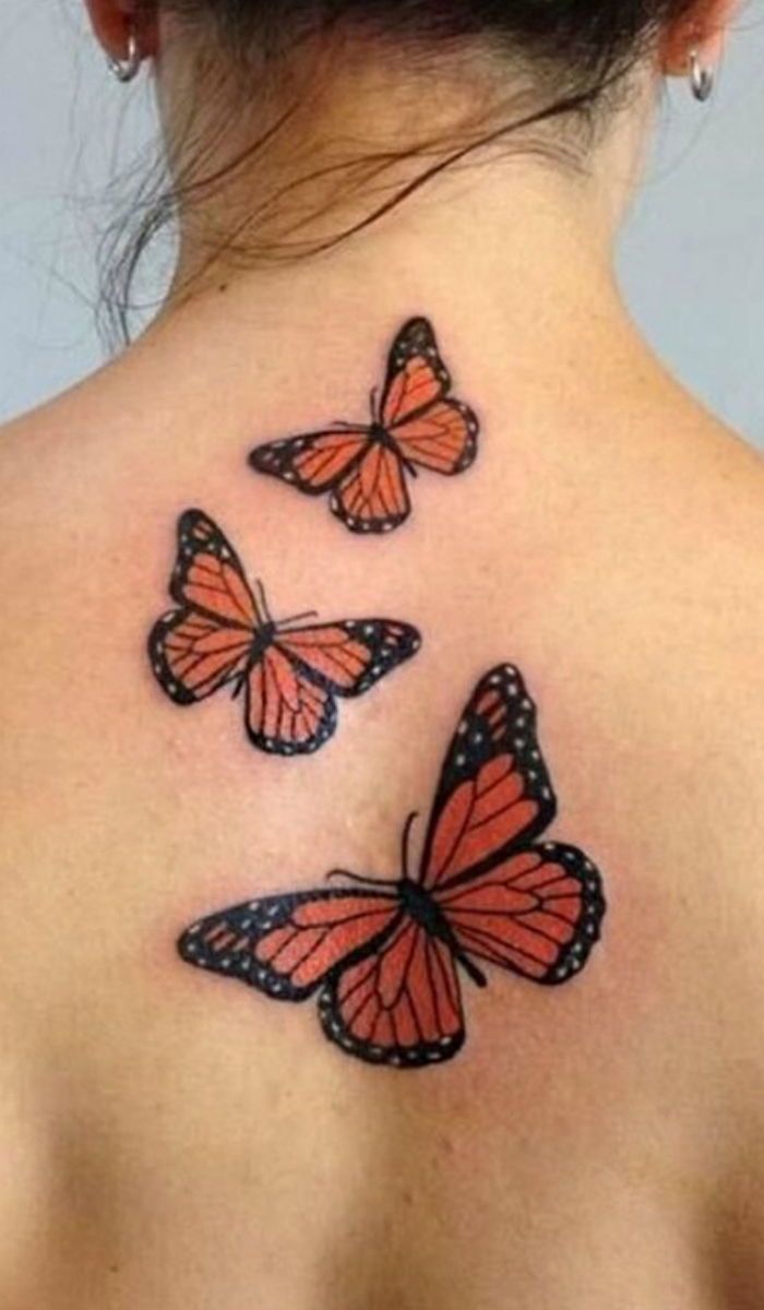 Three Flying Butterfly Tattoo For Women Back